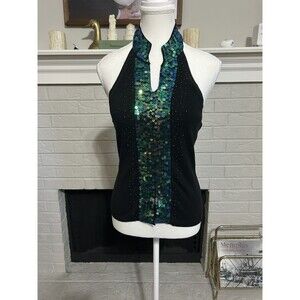 Y2K Vintage Sequin Halter Neck Top M Frost Beaded Mermaid Fairy Sequin Whimsy